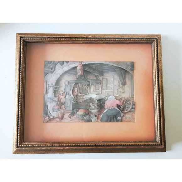 Vintage Anton Pieck Framed 3D Cut Paper Art 14x12 - Picture 1 of 12